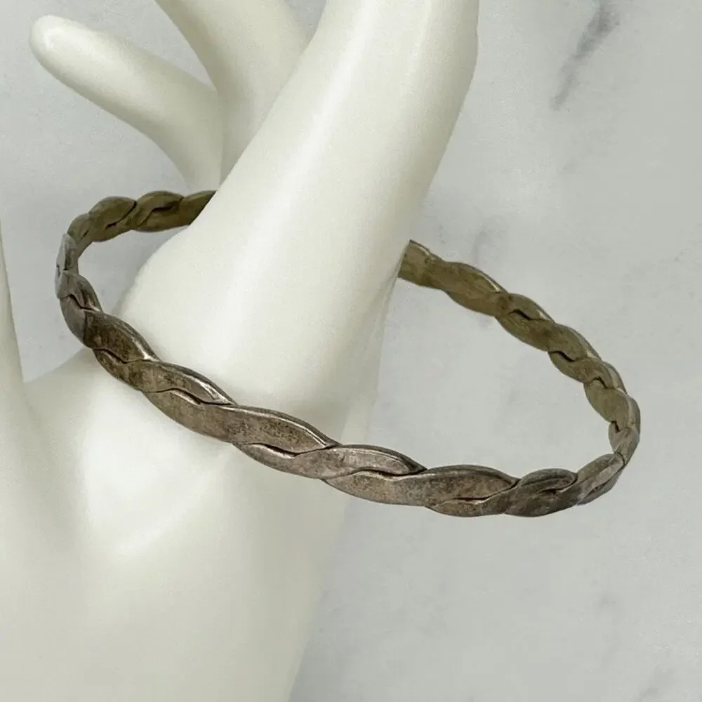 Alpaca Hecho En Mexico Vintage Flat Braided Bangle Bracelet Silver Tone ✨
